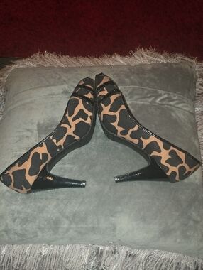 Candie's Black and Brown Camo Peep-Toe Heels with Gold Buckle